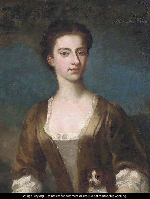Portrait of Elizabeth Warburton, bust-length, in a brown dress with lace trim - (after) Hoare, William, of Bath