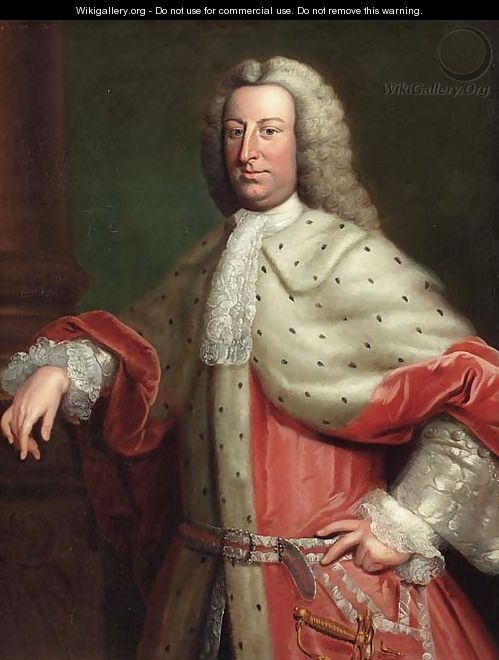 Portrait of a gentleman, said to be Henry Tenth, Lord Teynham, three-quarter length, in a red velvet and fur cloak and a wig - (after) Hoare, William, of Bath