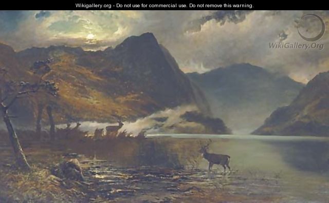 Stags watering by a moonlit loch - Clarence Roe