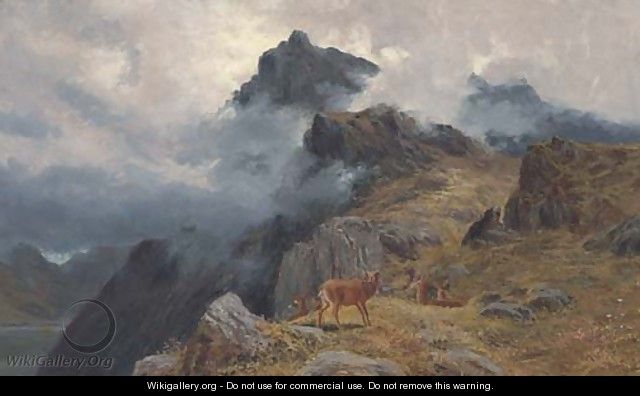 A stag and hines in a Highland landscape - Clarence Roe