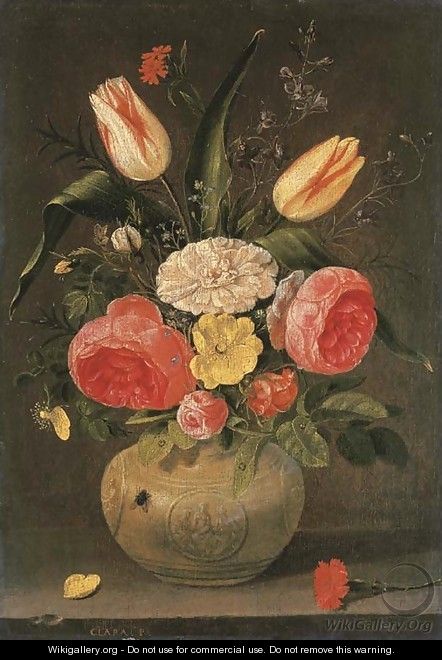 Roses, tulips, carnations and other flowers in a stoneware vase with ornamental relieves on a stone ledge - Clara Peeters