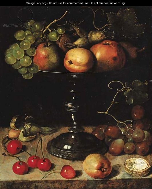 Pears, an apple, an apricot, grapes, almonds and wallnuts on a tazza with grapes, a wallnut, an abricot, cherries and almonds on a stone ledge - Clara Peeters