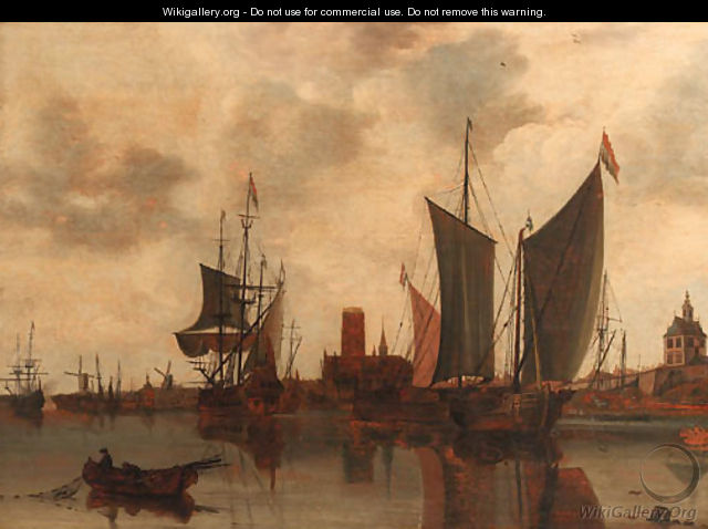 A view of Rotterdam with moored sailing vessels in the harbour, the Laurenskerk, Oude Hoofdpoort and Kruithuis beyond - Claesz Jansz Van Der Willigen