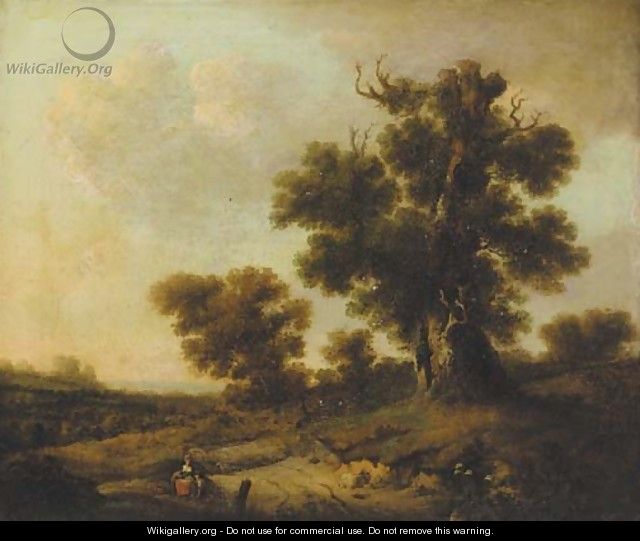 Figures resting under a tree in an extensive landscape - (after) William Traies
