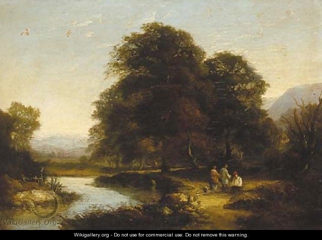 Figures by a river in a wooded landscape - (after) William Traies