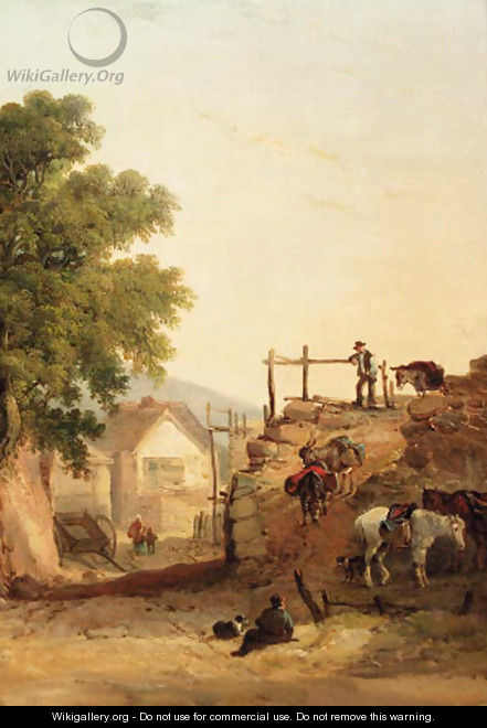 Donkeys descending a rocky path, a cottage beyond - (after) William Joseph Shayer