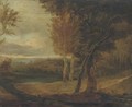 An extensive landscape with a lake, and a manor in the distance - English School