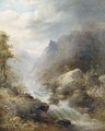 An artist sketching by a fast-flowing river - English School