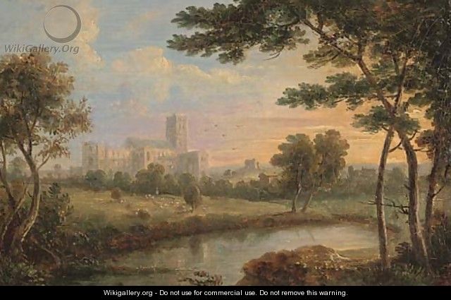 An abbey beside a river; and Fishermen before a ruin - English School