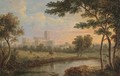 An abbey beside a river; and Fishermen before a ruin - English School