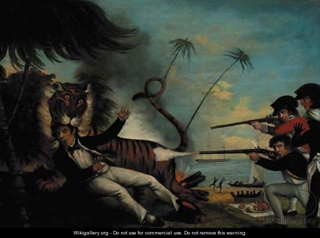 A tiger attacking a sailor on a tropical island - English School