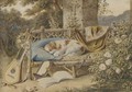 A spaniel on a bench - English School