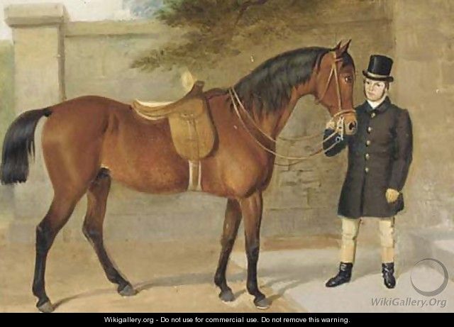 A side saddled hunter held by a groom - English School