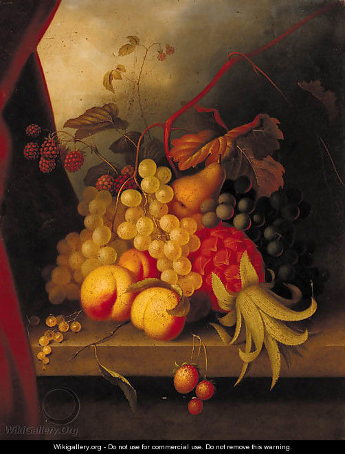 A pineapple, raspberries, grapes, peaches and other fruit on a ledge - English School