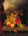 A pineapple, raspberries, grapes, peaches and other fruit on a ledge - English School