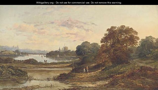 A mother and child in a country landscape with a river in the distance - English School