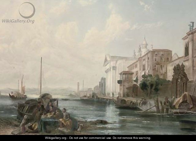 Figures mending nets with a capriccio Venetian scene behind - English School