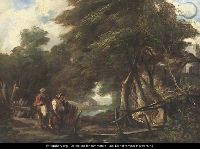 Figures by a stream in a wooded landscape - English School