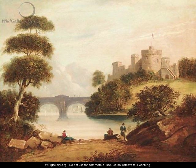 Figures by a river with a hilltop castle beyond - English School