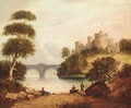 Figures by a river with a hilltop castle beyond - English School