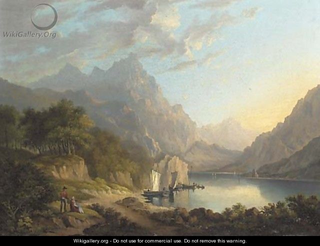 Figures before a mooring at an Alpine lake - English School