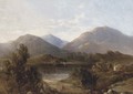 Figures before a lake in a mountainous landscape - English School