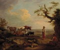 Figures and livestock resting in a landscape - English School