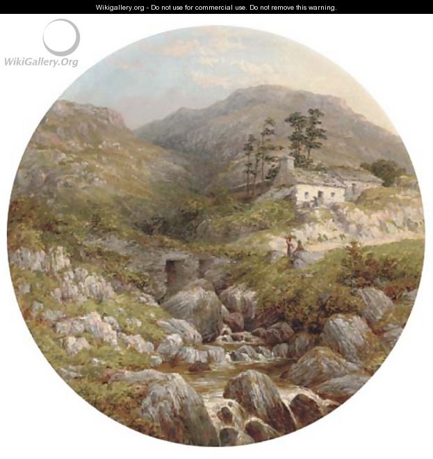 Figures and cottages beside a rocky upland stream - English School
