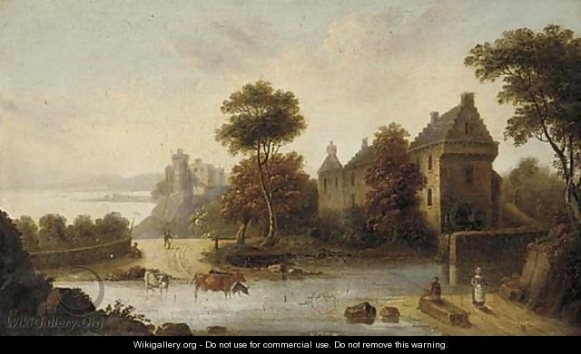 Figures and cattle before a watermill, a castle beyond - English School