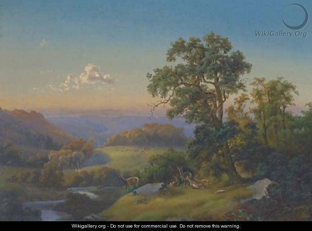 Deer in a wooded valley at dusk - English School