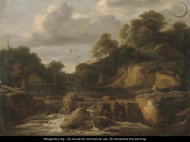 Cottages beside a rocky river - English School