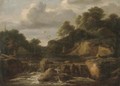 Cottages beside a rocky river - English School