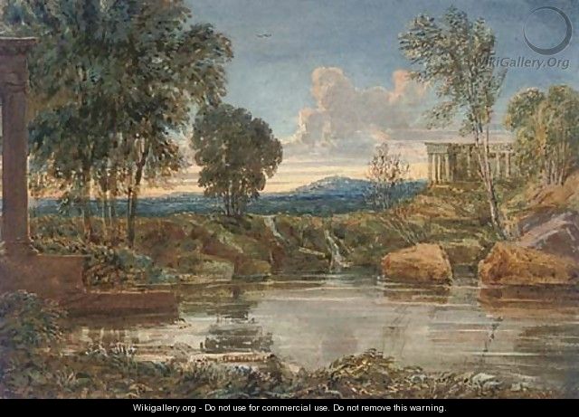 Classical ruins by a lake in an extensive landscape - English School