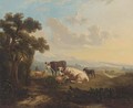 Cattle, sheep and a goat on a hill side - English School