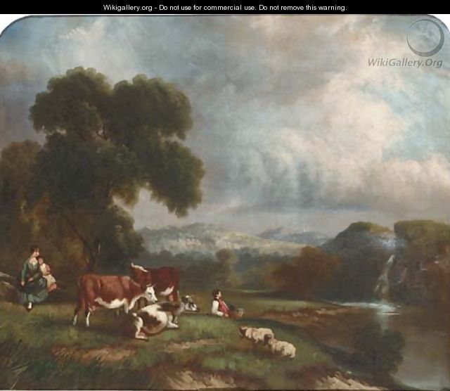 Cattle watering in a wooded landscape; and Figures resting by a waterfall with cattle and sheep - English School