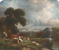 Cattle watering in a wooded landscape; and Figures resting by a waterfall with cattle and sheep - English School