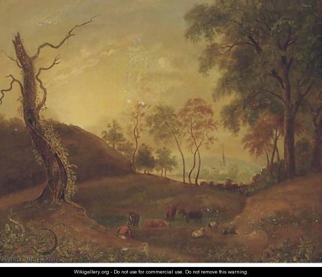 Cattle in an extensive landscape with a church in the distance - English School