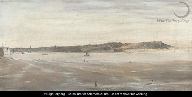 Baitpickers and other figures on the shore, vessels beyond - English School