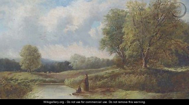 Anglers on the banks of a river - English School