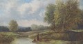 Anglers on the banks of a river - English School