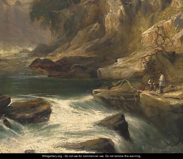 Anglers in a rocky gorge - English School