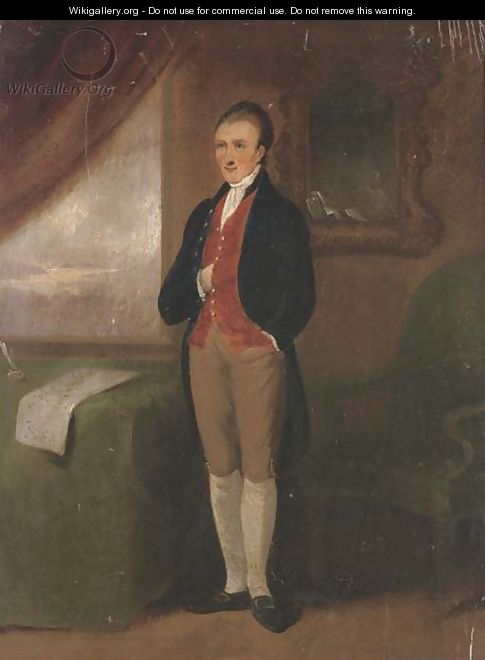 Portrait of gentleman, full-length, in breeches with a blue coat beside a green chair - English School