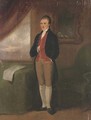 Portrait of gentleman, full-length, in breeches with a blue coat beside a green chair - English School