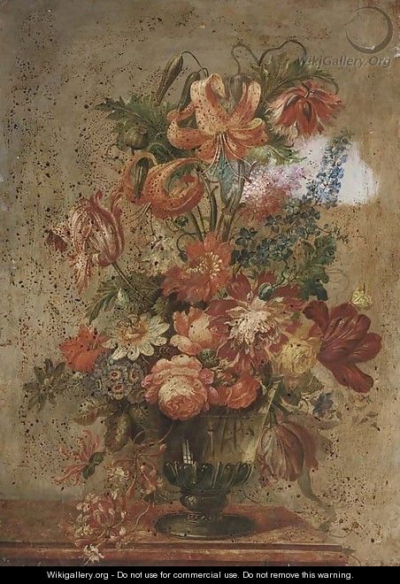 Poppies, roses, passion-flowers, irises, honey-suckle, tulips and lilies in a glass vase - English School