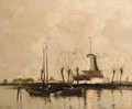 Moored barges in a waterway near a windmill - English School