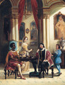 Merchants seated in a classical Interior - English School