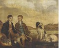 Huntsmen with their dogs resting by a river - English School