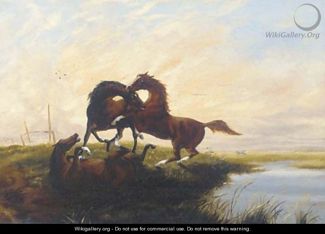 Horses fighting at sunset - English School