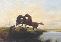 Horses fighting at sunset - English School