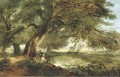 Fishing beside a river - English School